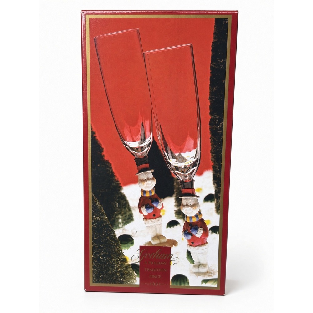 Gorham Winter Follies Snowman Champagne Flute Pair Vintage Holiday Glassware Set
